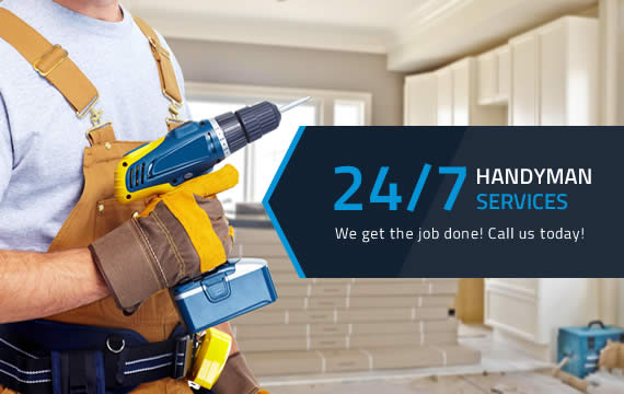 Technician holding a cordless drill with 24/7 handyman service text overlay