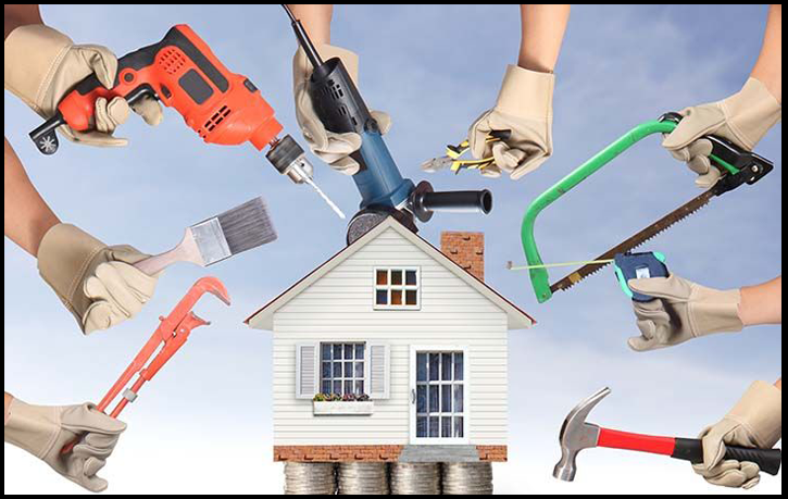 A model house centered among multiple gloved hands holding tools-including a drill, saw, hammer, wrench, tape measure, paintbrush, and pliers-represents the integrated solutions provided by Dubai maintenance companies for property upkeep.