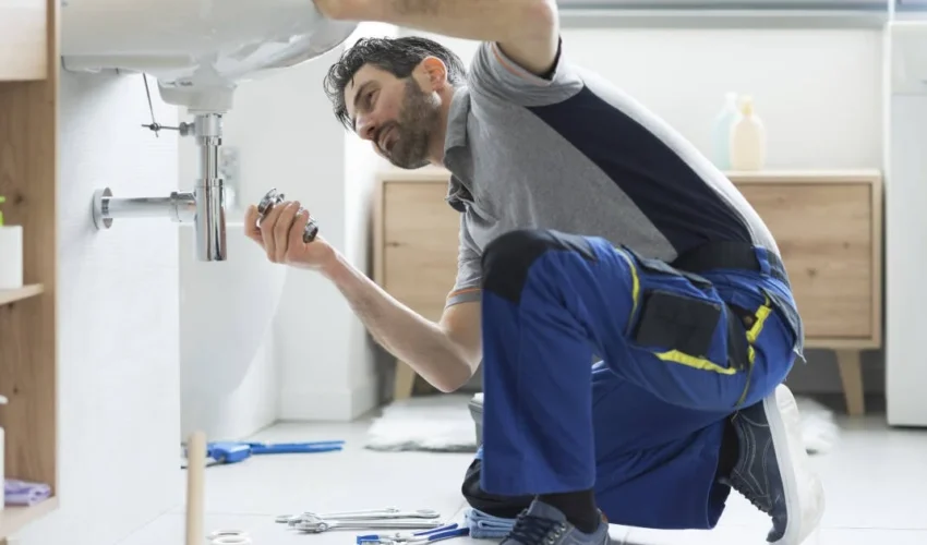 Emergency plumber in Dubai fixing a bathroom sink drain while kneeling on the floor, using tools spread around him in a modern home.