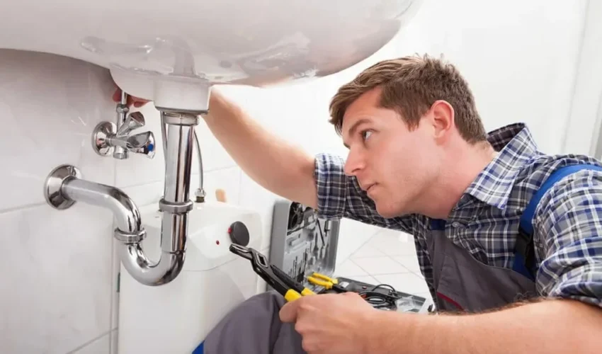 Professional plumber inspecting a sink during plumbing services in Dubai