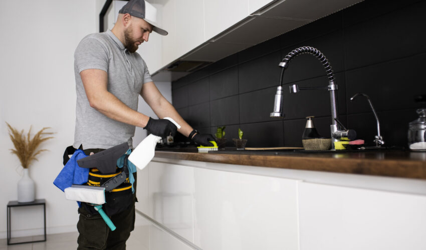 Professional plumber in a modern Dubai kitchen checking the sink area, representing reliable Plumbing Services in Dubai for apartments and villas.