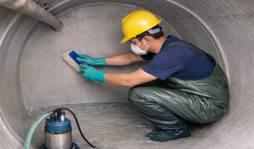 Worker performing cleaning of water tank inside a large concrete storage tank using a brush and protective gear while water is being pumped out.