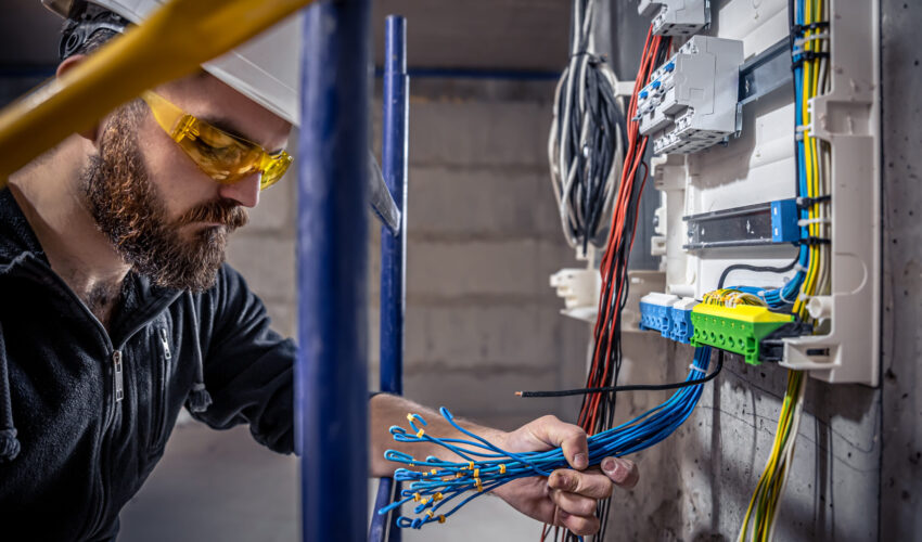 Electricians in Dubai installing wiring inside an electrical distribution panel with proper safety equipment.