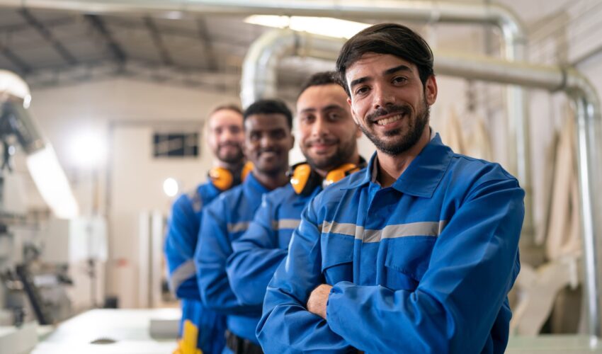 Professional technicians from maintenance companies wearing blue uniforms standing inside a modern workshop facility.