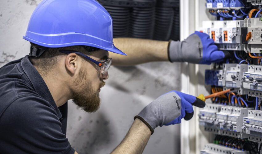 Electrician wearing safety gear inspecting electrical panel and wiring system