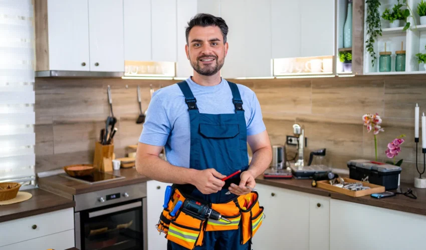 Professional handyman repairing a kitchen sink in a Dubai apartment.