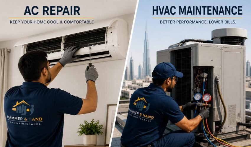 Technicians performing AC repair and HVAC maintenance in a Damac Hills villa, showcasing professional duct cleaning, system servicing, and energy-efficient cooling solutions to improve indoor air quality and lower DEWA bills.