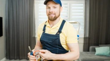 Smiling handyman holding tools, ready for maintenance tasks.